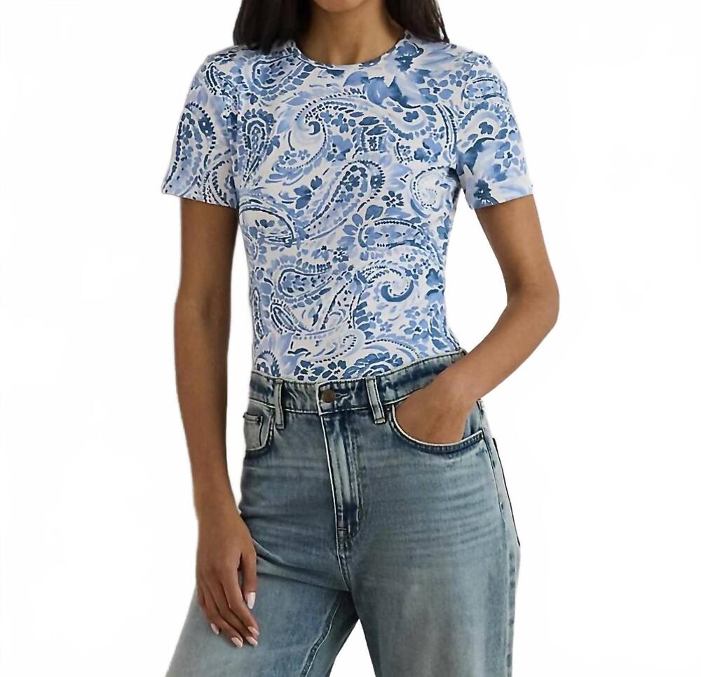 NEW RALPH LAUREN women's paisley stretch cotton crewneck tee in white/blue